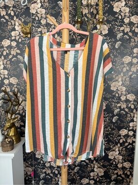 torrid Multi-Stripe Button-Front Tie-Hem Top - Rust, Mustard, Green, Cream